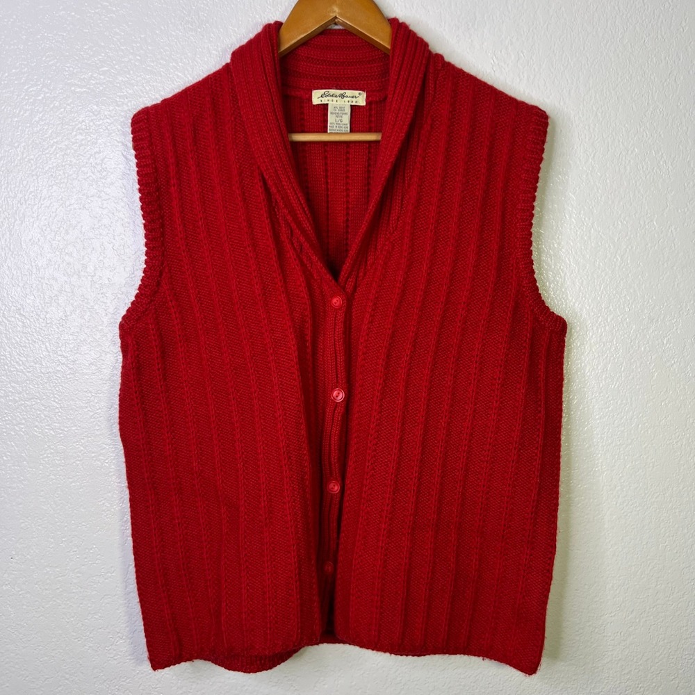Eddie Bauer Red 100% Wool Ribbed Shawl Collar Sweater Vest Womens Large Petite